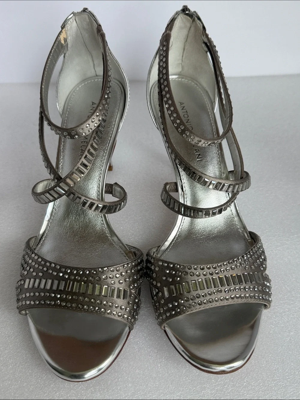 ANTONIO MELANI Tess Silver Rhinestone Strappy Heels Sandals Size 9M